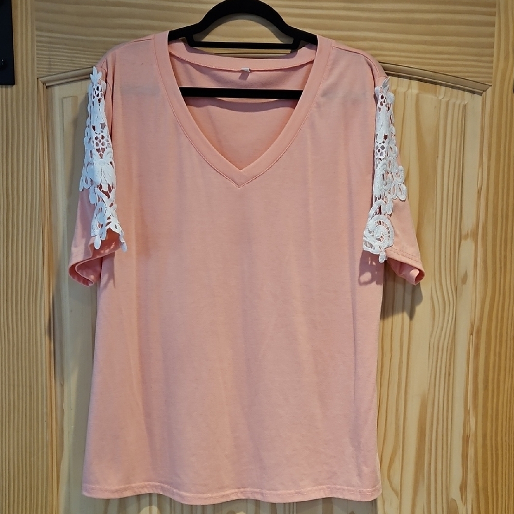 Pink Lace Sleeve V-Neck Top